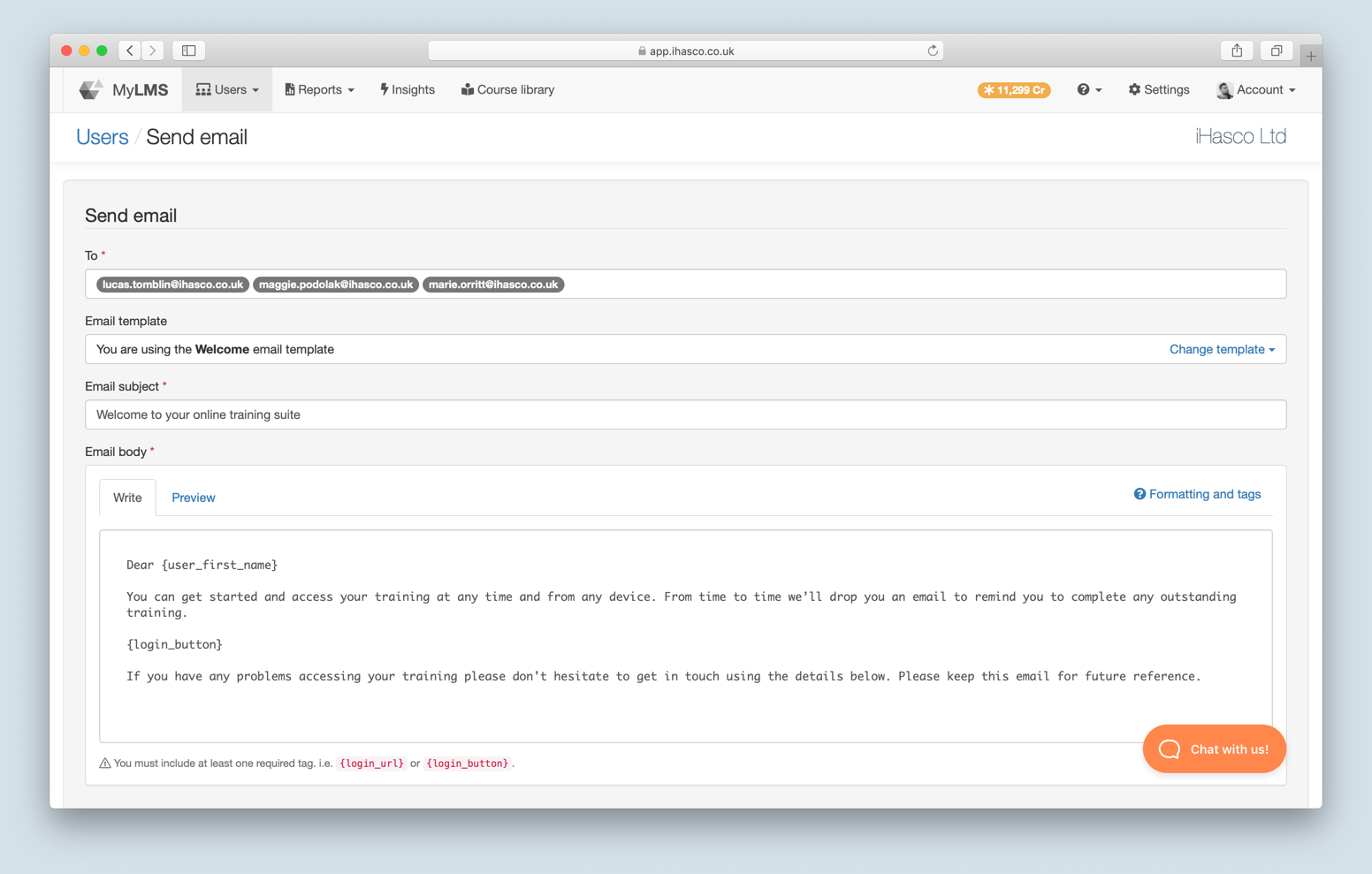 A screenshot of the new compose email screen in the iHasco client LMS.